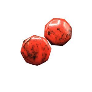 Red Bakelite Earrings Octagonal Marbled Swirls Vintage Clip-On Earrings